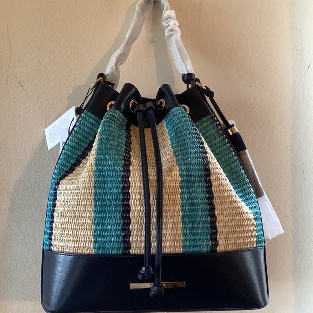 Anguilla Collection Marlowe Striped Drawstring Straw Bucket Shoulder - Picture 2 of 16